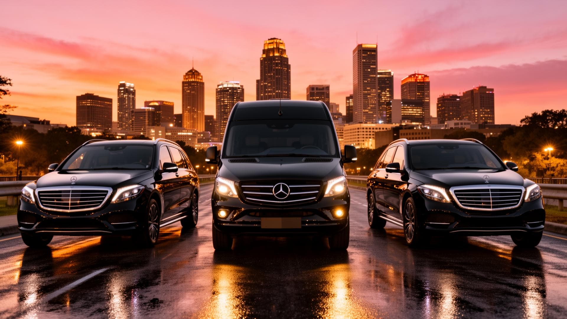 Kevask Investment Inc fleet of luxury vehicles in front of the Atlanta skyline at dusk